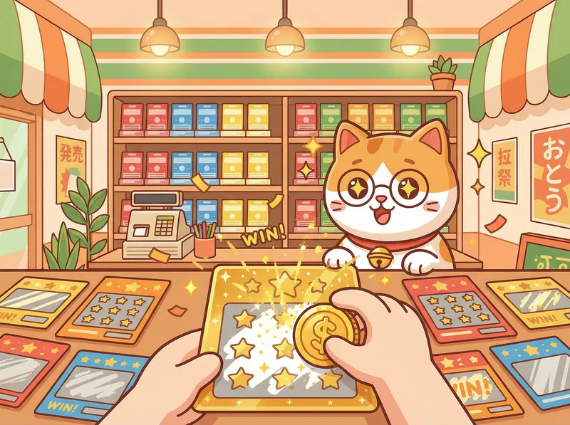 各种主题的刮刮乐彩票散落在桌面，充满惊喜和期待